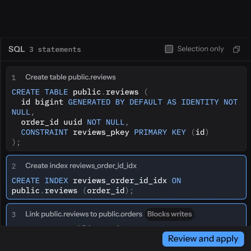 The SQL pane with three statements for the new table, its index and its link, above the Review and apply button.